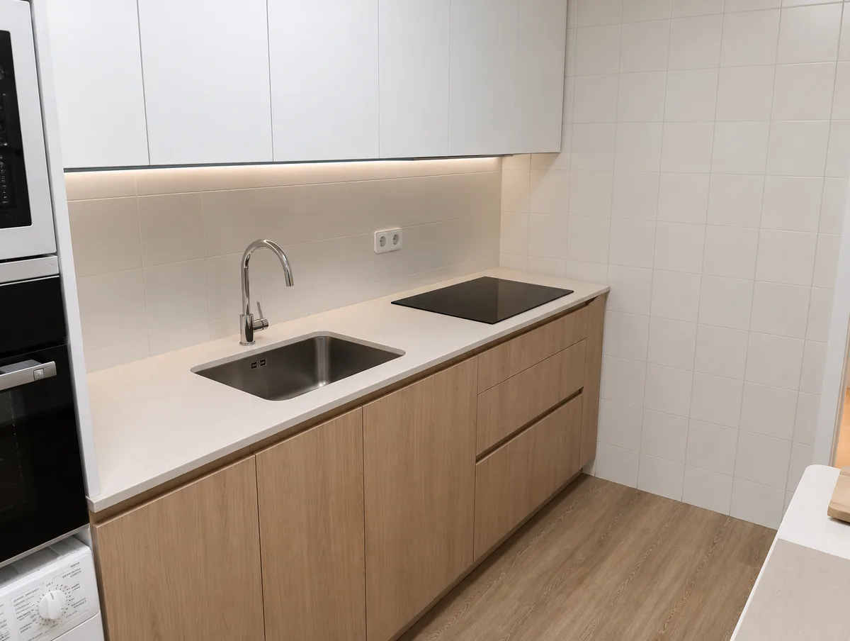 Cocina con frentes de madera y encimera clara