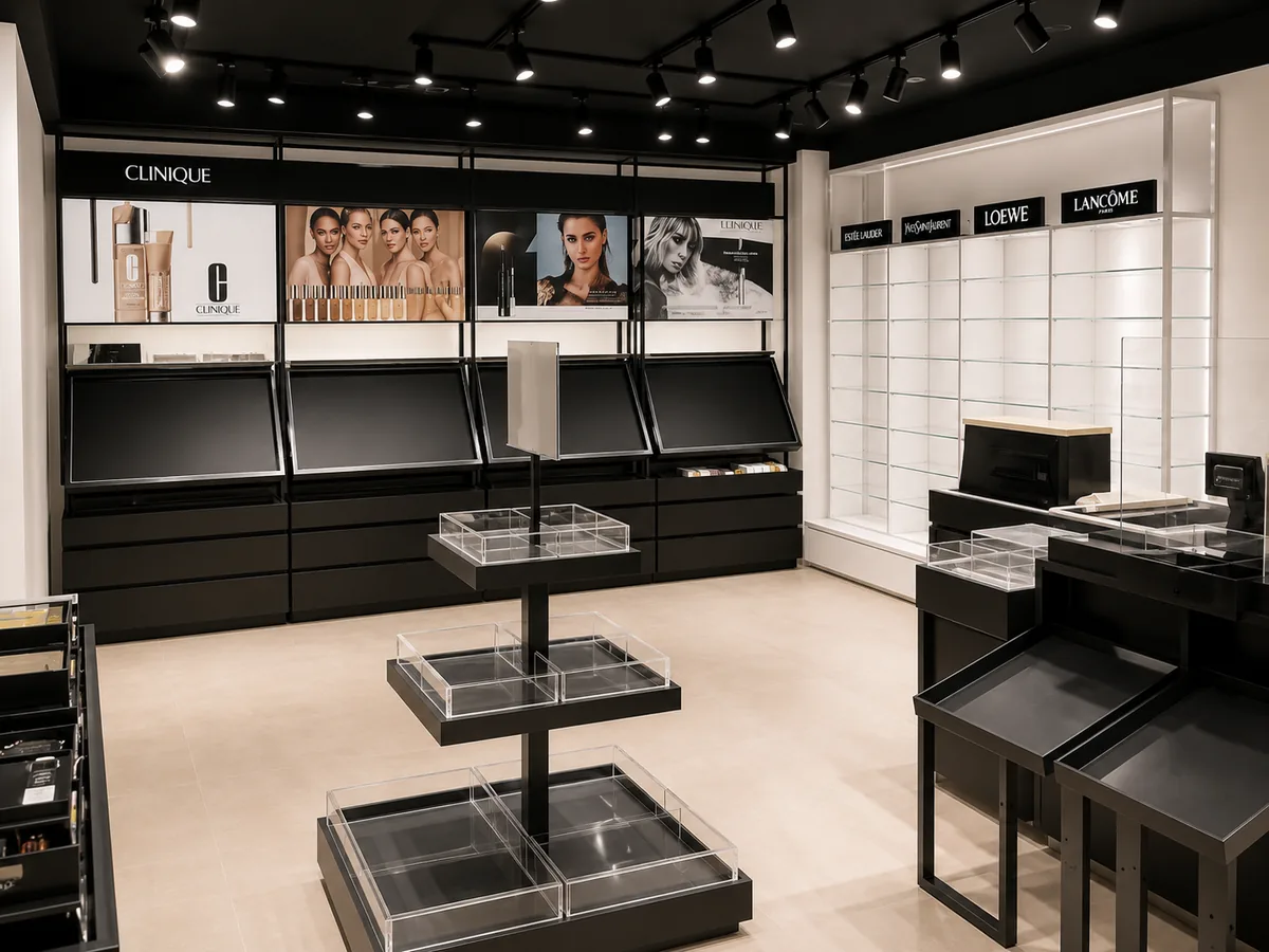 Tienda de cosmética con expositores negros a medida