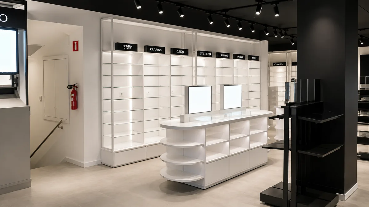 Lineales blancos y mostrador central en tienda