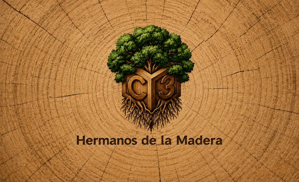 Logotipo de C3 Hermanos de la Madera: un árbol y un cubo de madera con las raíces